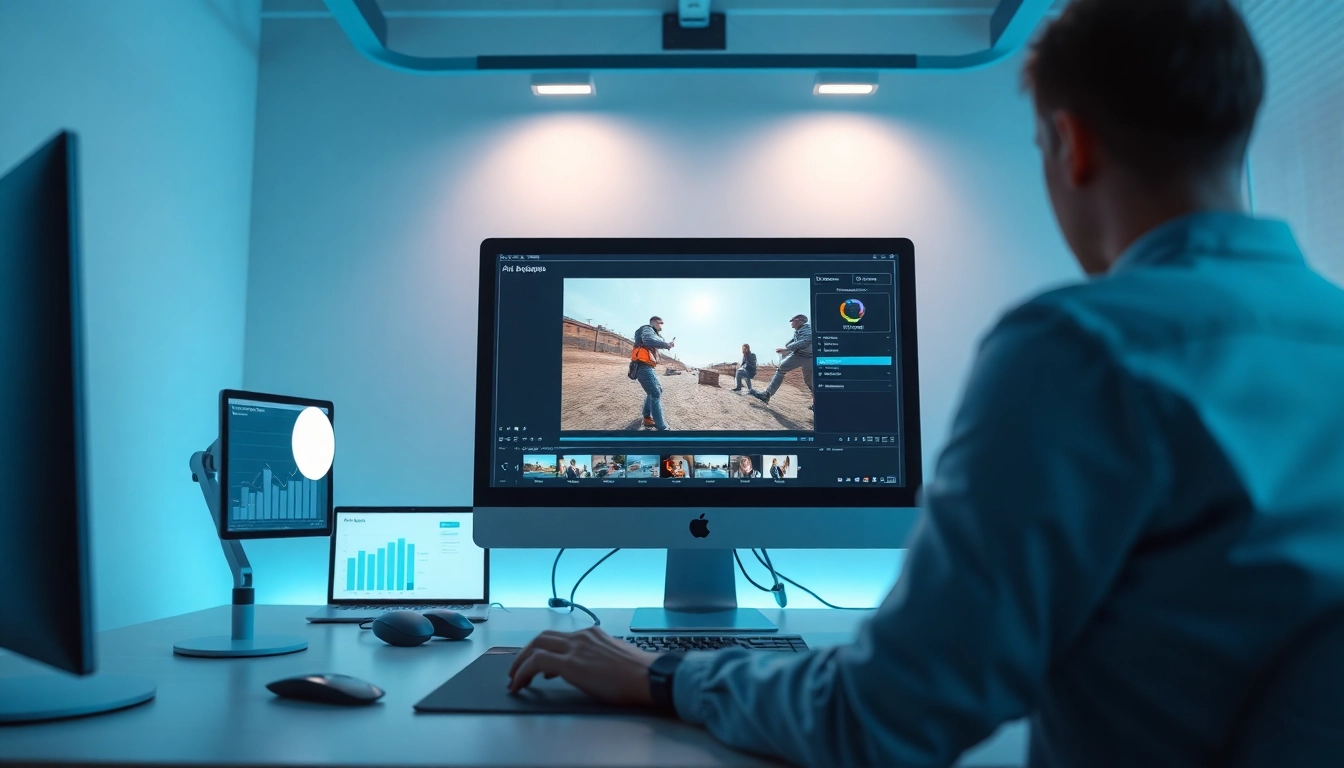 Utilizing a video to prompt AI generator in a modern workspace with advanced technology.