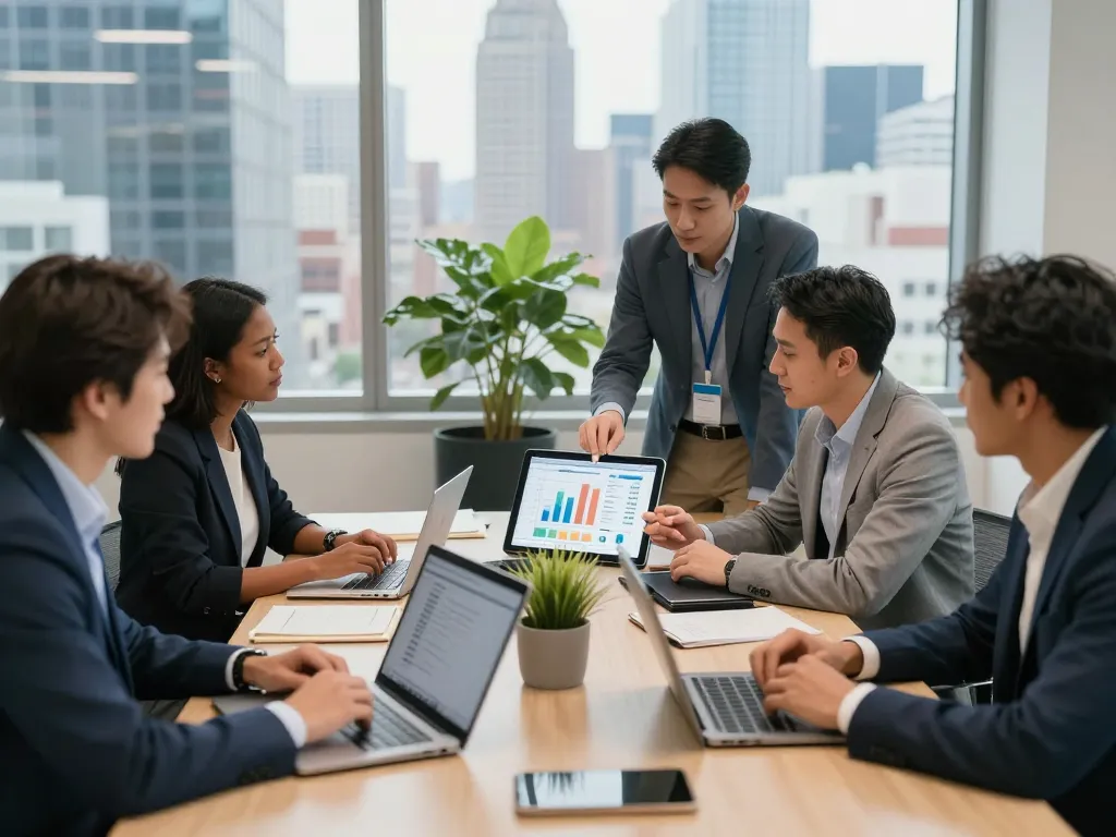 Best SEO Company NYC team collaborating in a modern office setting, discussing strategies and analytics.