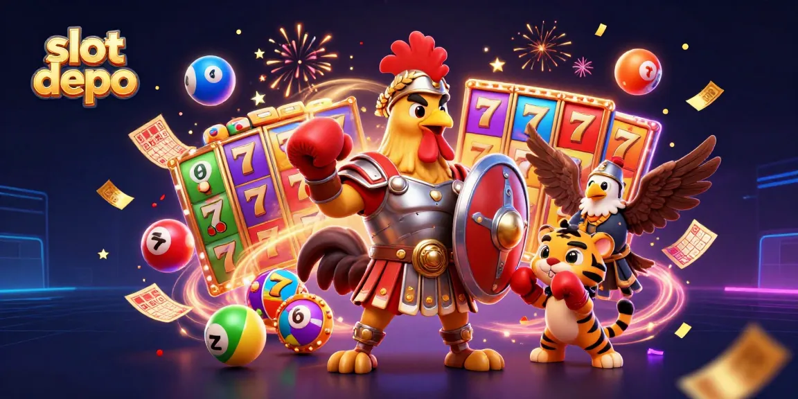 Experience the exciting slot depo adventure with colorful games and bonuses in this dynamic scene.