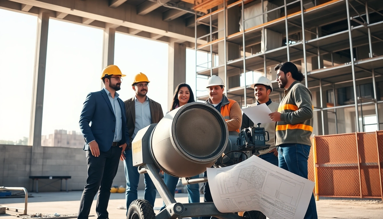 Construction career teamwork on-site with diverse workers, tools, and plans.