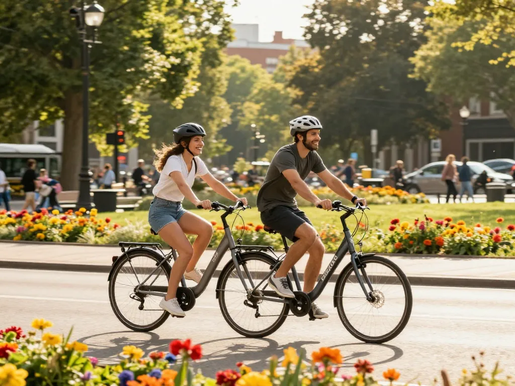Doppio e-bike 2x in a lively park setting with a couple enjoying their ride.