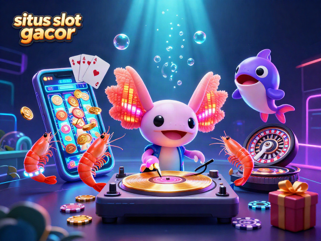 Situs slot gacor showcases a vibrant casino scene with a DJ axolotl spinning and coins flying.