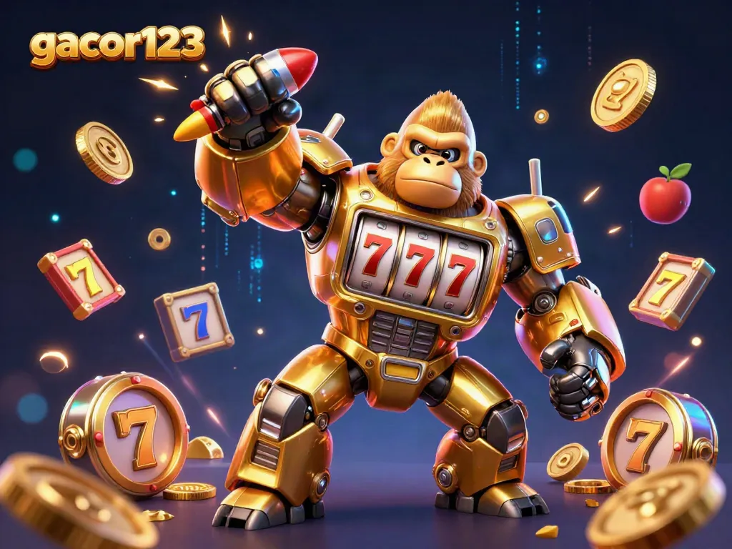 Spin the reels with gacor123 in this vibrant 3D casino illustration featuring a golden gorilla mech.