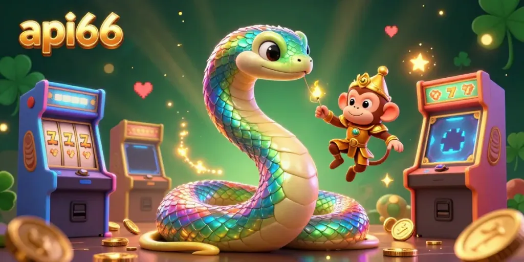 Experience the excitement of api66 with vibrant casino elements surrounding a magical serpent and monkey king.