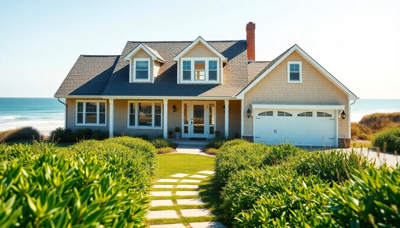 Cape cod home with modern expansion and attached garage nestled in a scenic coastal landscape.
