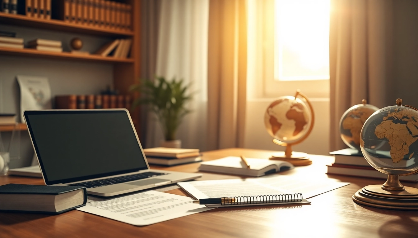 Detail-oriented office setting representing traduzione giurata services, featuring legal documents and translations.