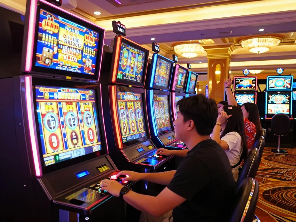 Engaged player activating a slot server kamboja machine at a colorful casino.