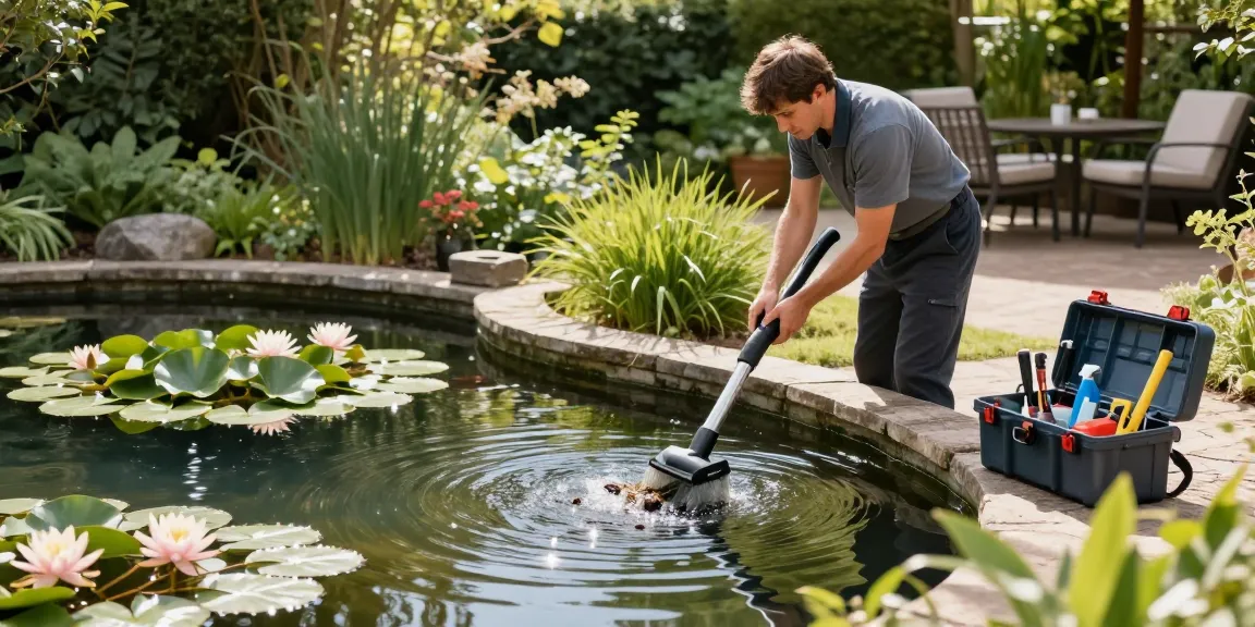 Pond Cleaning Surrey expert maintaining a serene garden pond with water lilies and greenery.
