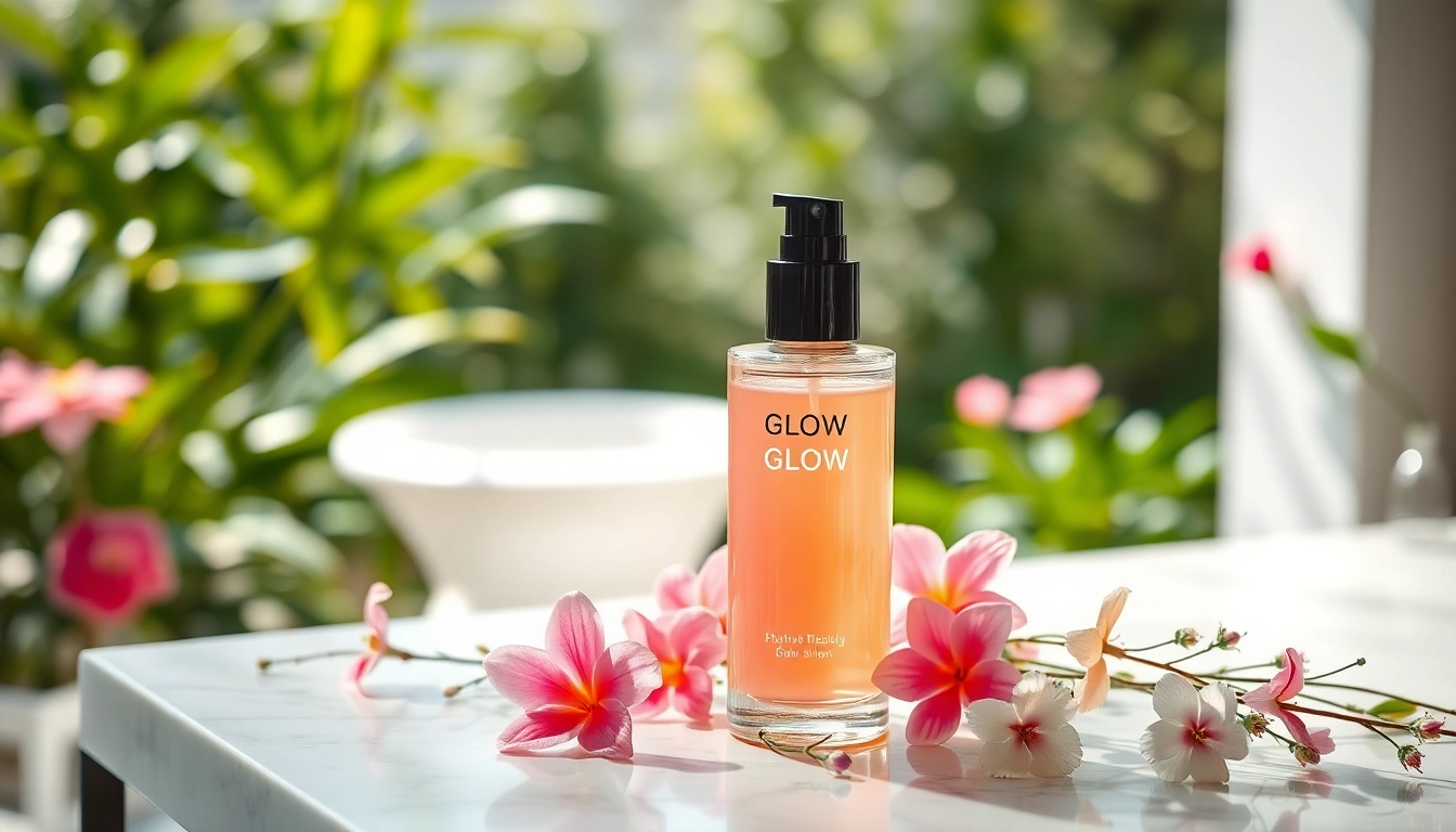 Showcase Glow Blend beauty product with elegant glass design and delicate floral accents.