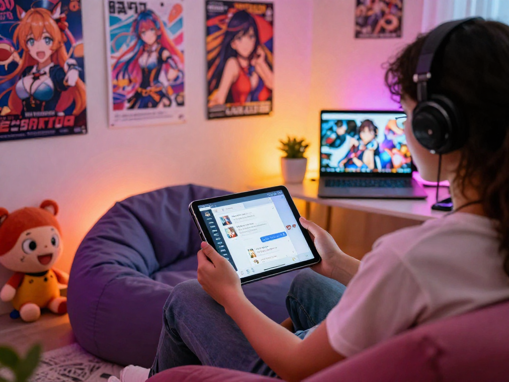 Engaging user exploring hentai AI chat on tablet amid colorful anime decor, showcasing interaction and creativity.