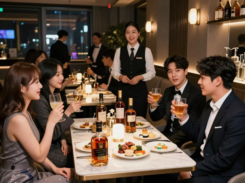 Enjoying premium drinks in a luxurious Gangnam쩜오 lounge with beautiful ambiance.