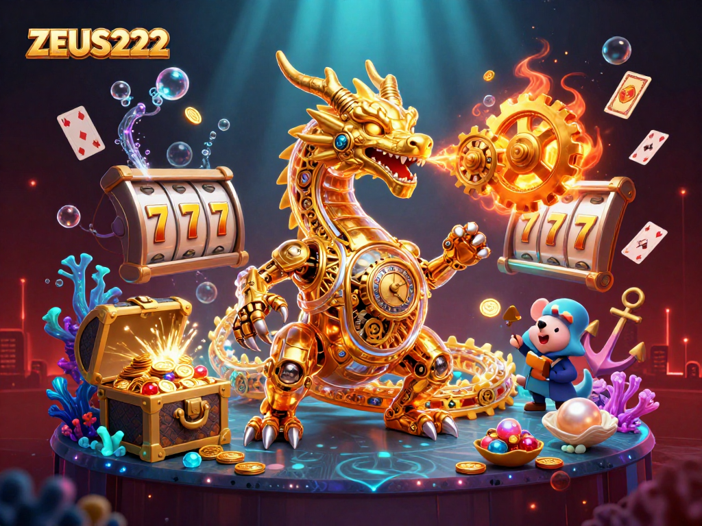 Experience ZEUS222 with an exciting scene featuring a golden dragon and dynamic slot game elements.