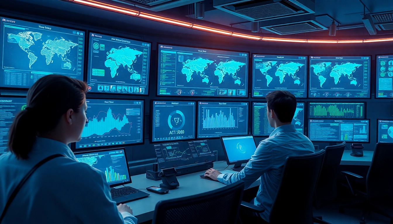 Cybersecurity AI operation center with professionals monitoring real-time data analytics.