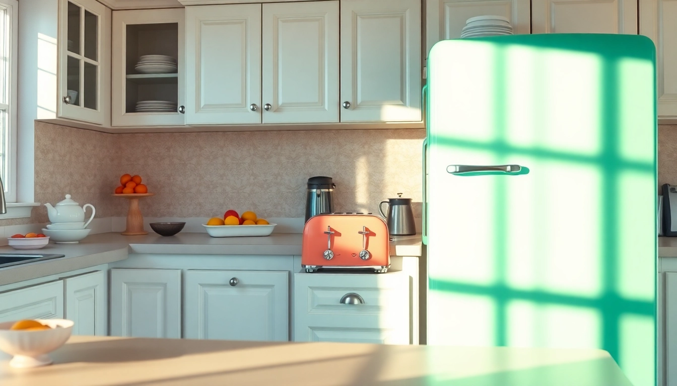 Retro Appliance kitchen scene showcasing a vintage mint green refrigerator and toaster.