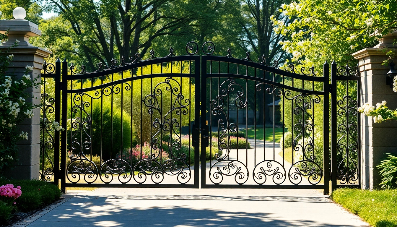 Showcasing custom steel gates with intricate designs seamlessly integrated into a beautiful garden.