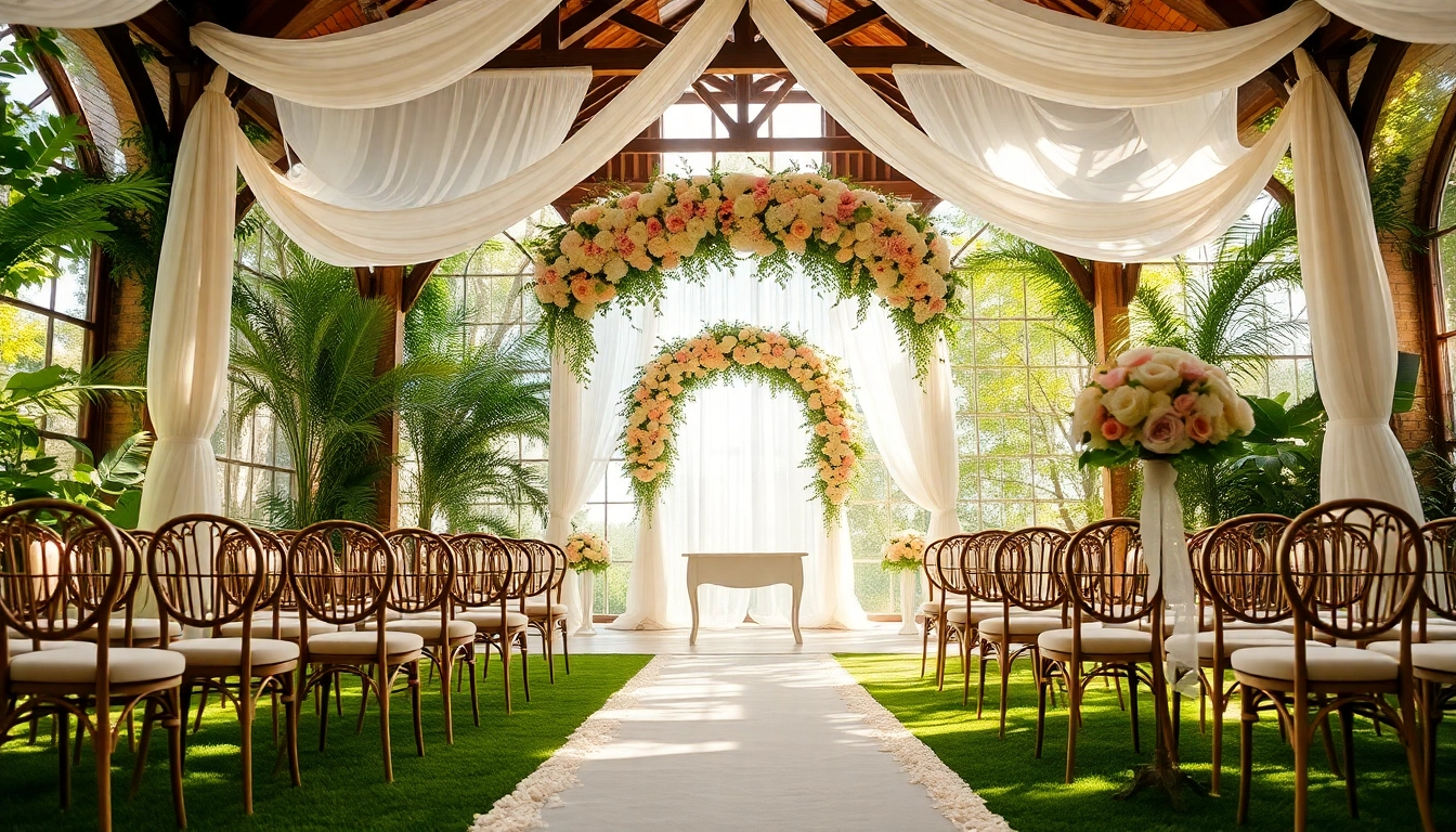 Beautiful wedding setup at a Jacksonville Wedding Venue featuring lush greenery and elegant decor.