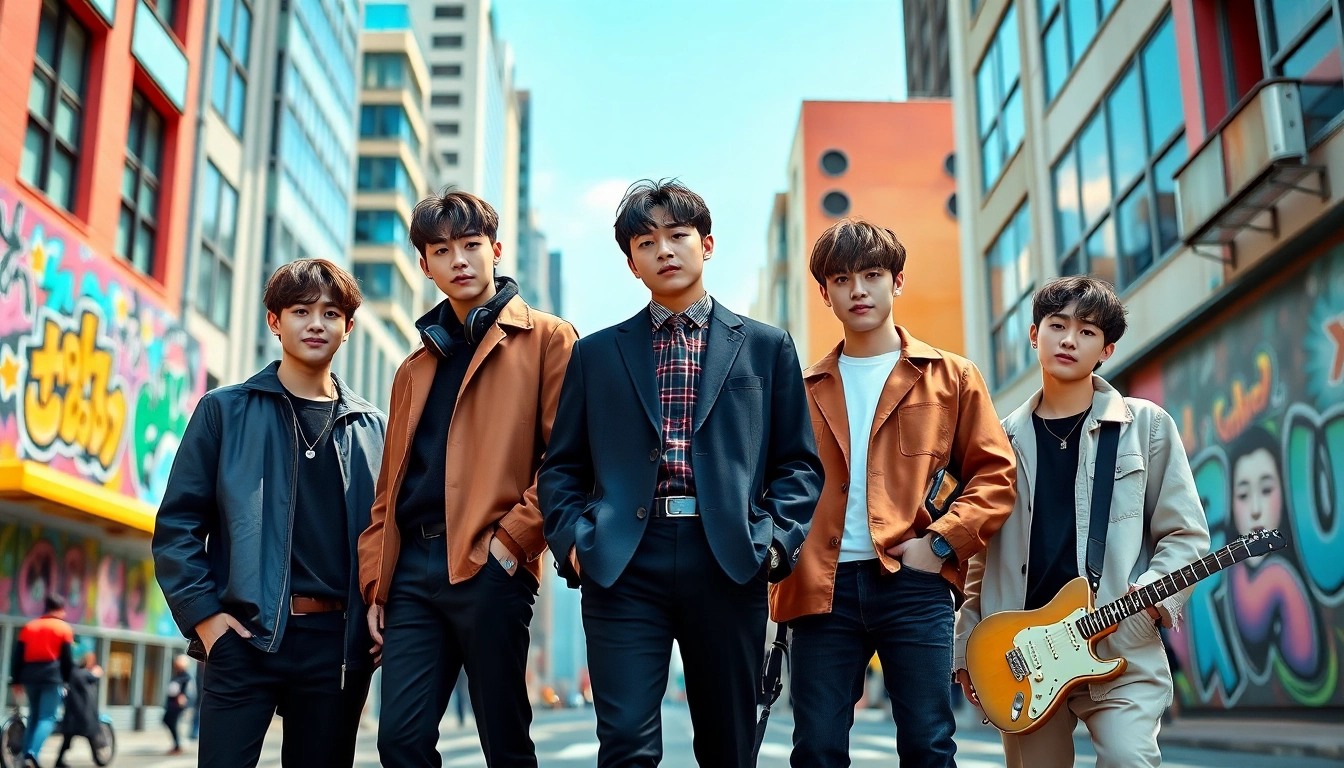 Dynamic portrayal of bts members in an urban backdrop, showcasing their unique styles and expressions.