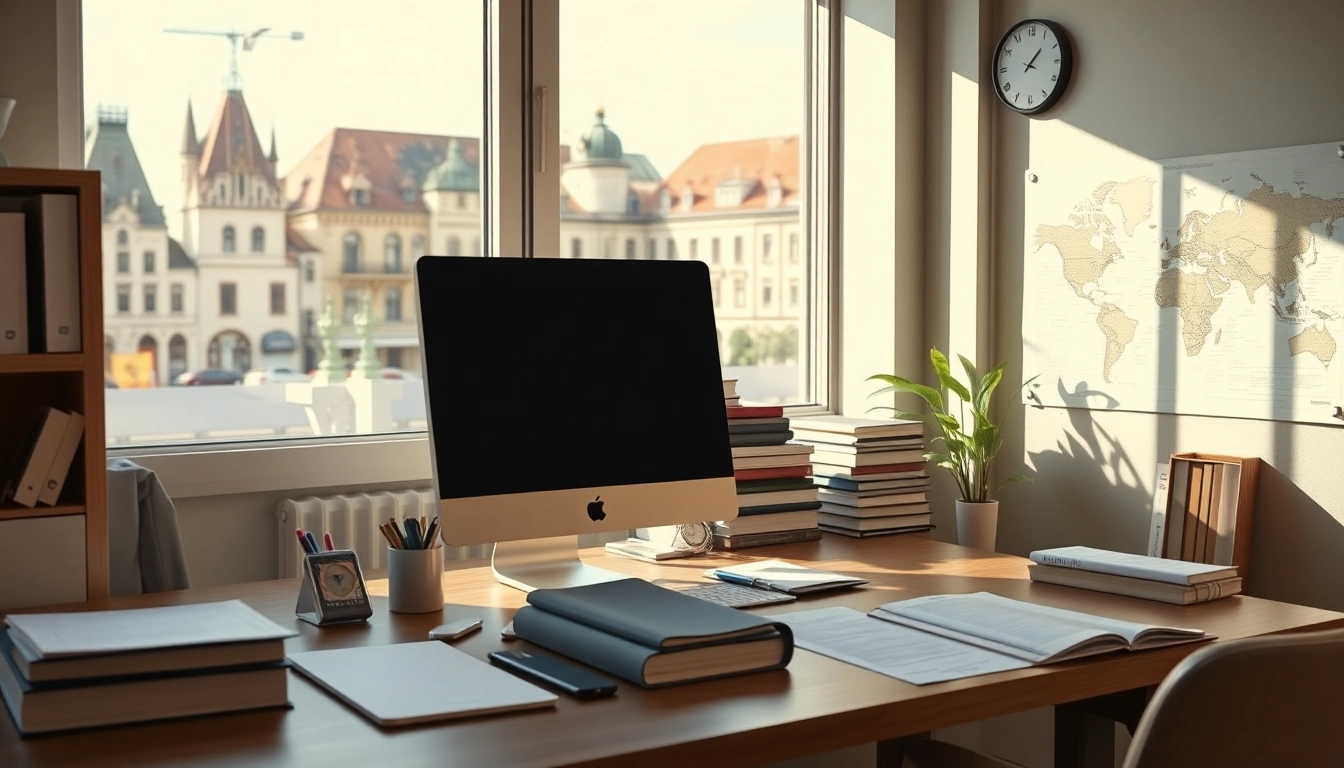 Bureau d'un traducteur professionnel à Strasbourg, équipé d'outils et représentant la culture.