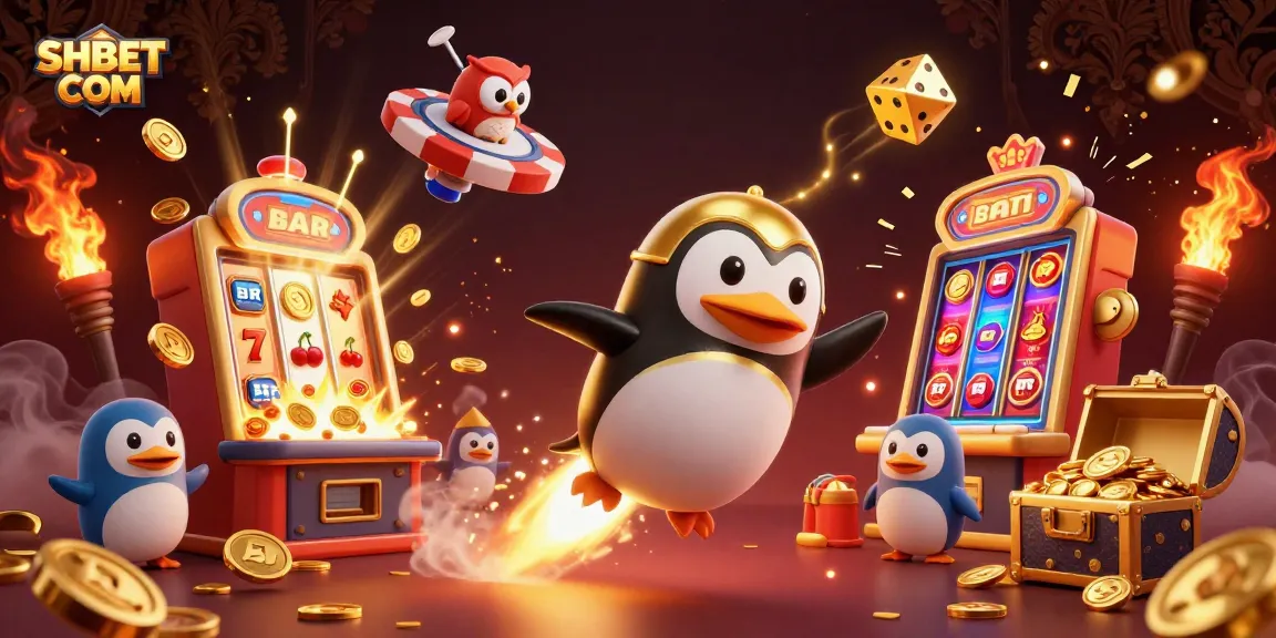 Experience thrilling wins at SHBET COM with this vibrant casino scene featuring a golden penguin and dynamic games.