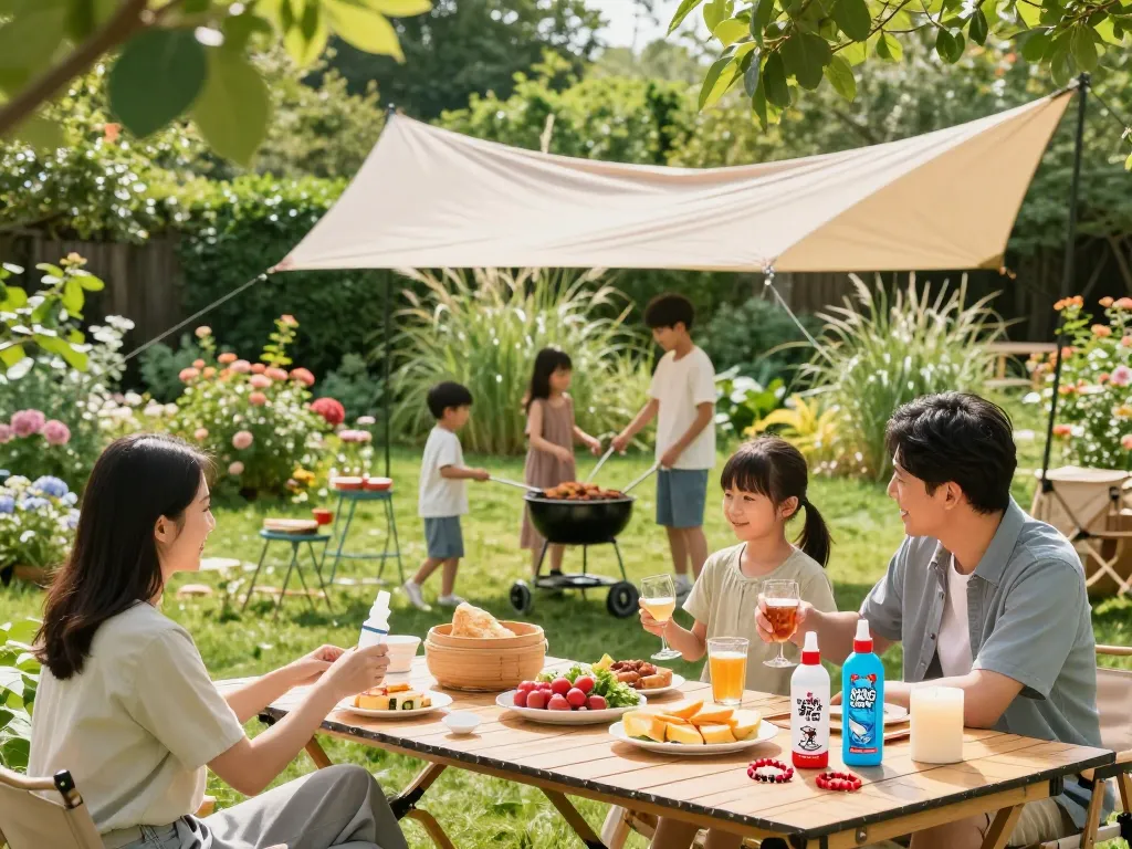 A family enjoying their backyard barbecue while using various mosquito repellent products for protection against insects.