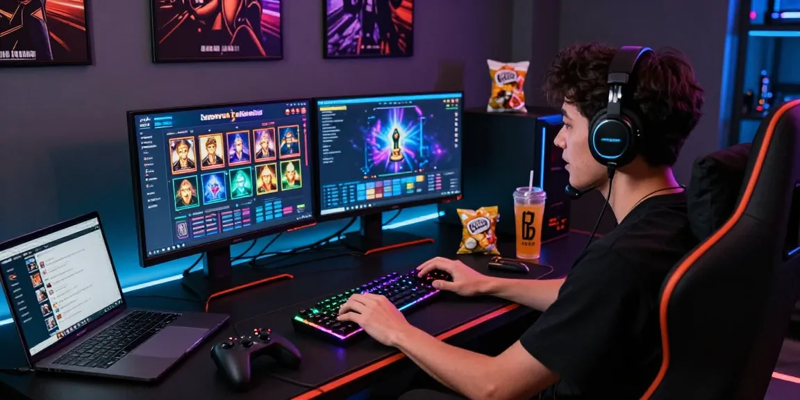 Engaging gaming setup showcasing slot server kamboja on dual screens with vibrant colors and snacks.