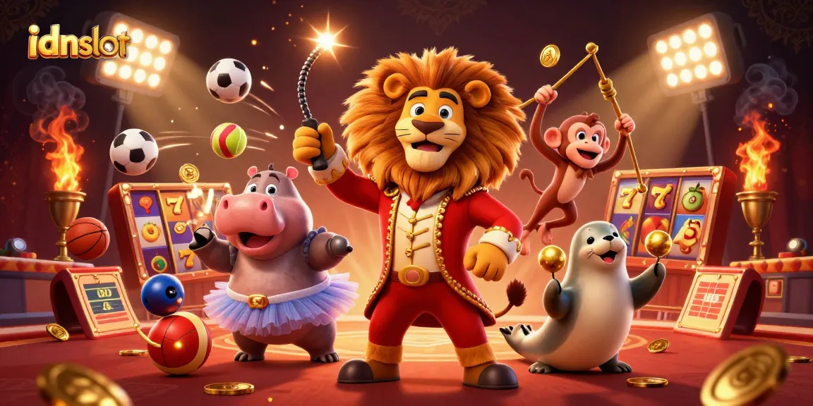Spin the reels with idnslot’s animated circus characters amidst a vibrant gambling scene.