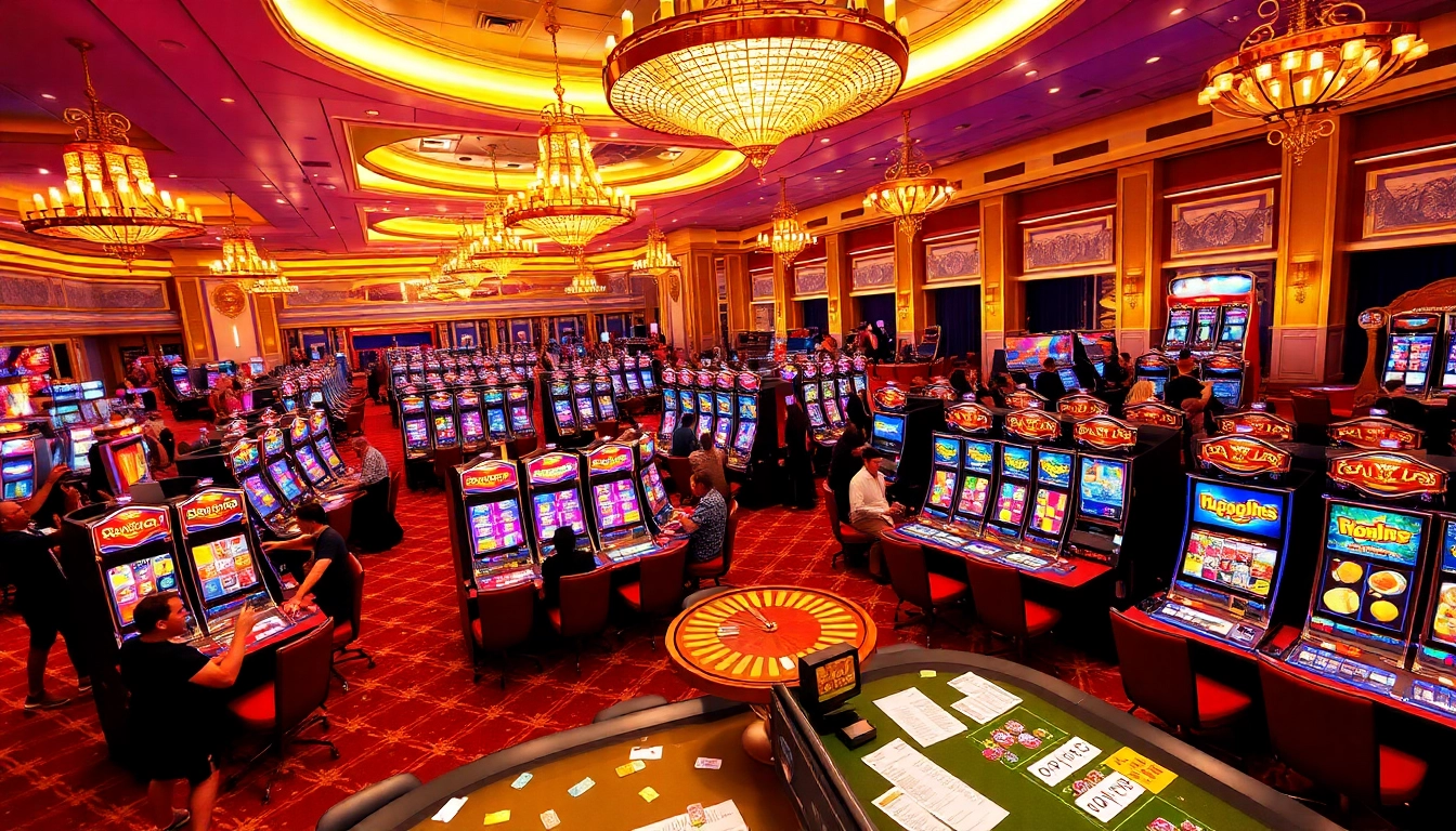 Excited players winning big at slot depo pulsa machines in a luxurious casino setting