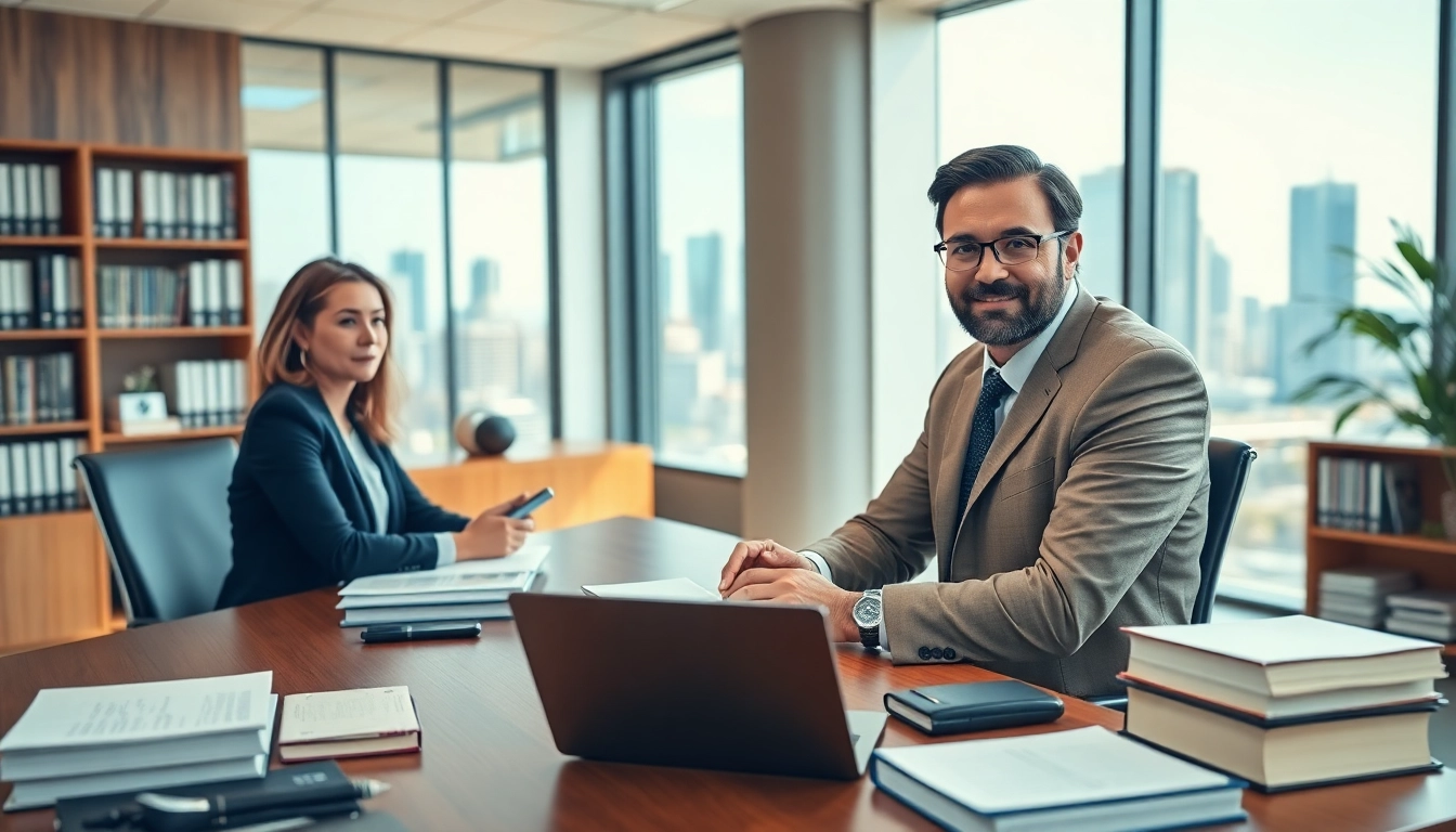 intellectual property lawyer advising clients in a modern office setting with a welcoming atmosphere