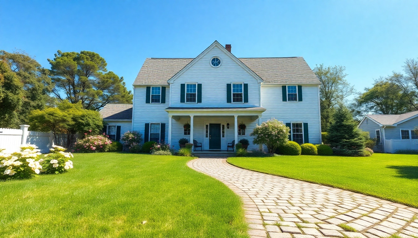 Showcasing a charming colonial home build surrounded by vibrant greenery and a clear blue sky.