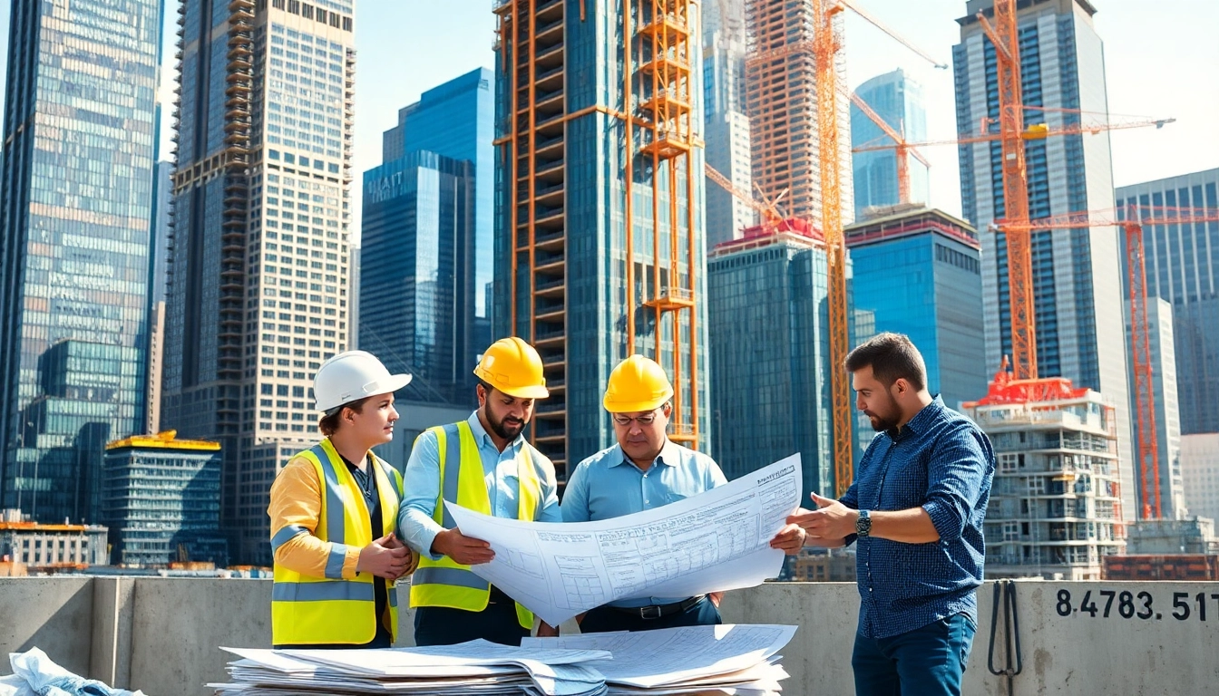 Manhattan Commercial General Contractor team reviewing blueprints on a city construction site.