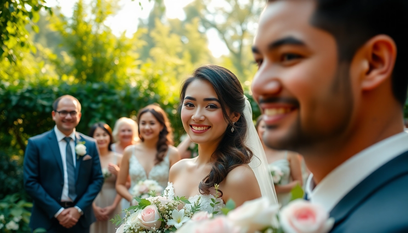 Engaging scene with professional videographers in Toronto capturing a couple's wedding in a lush garden.