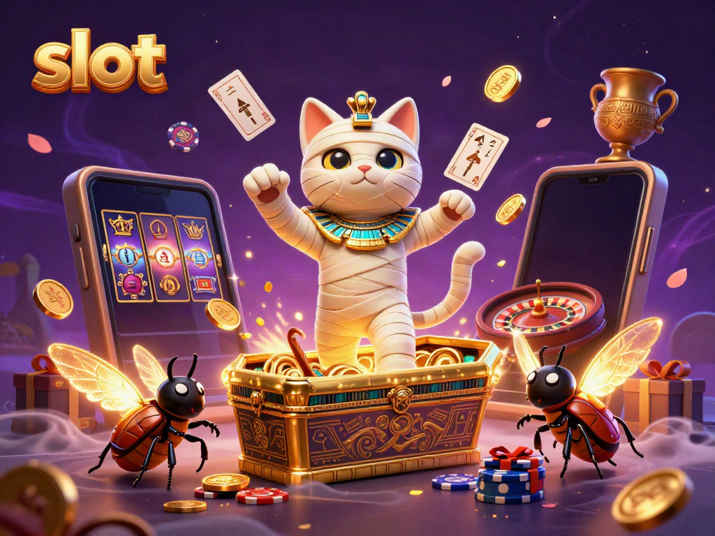 Slot permainan mengasyikkan ditampilkan oleh kucing mummy dan serangga scarab dalam kasino.