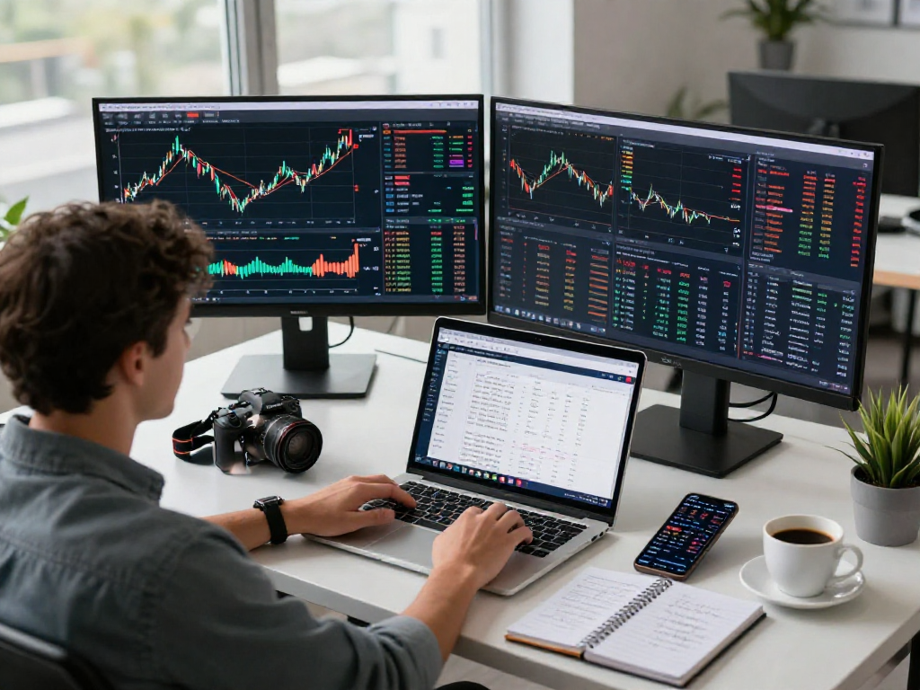 Trader using metatrader 5 for financial analysis in a modern workspace