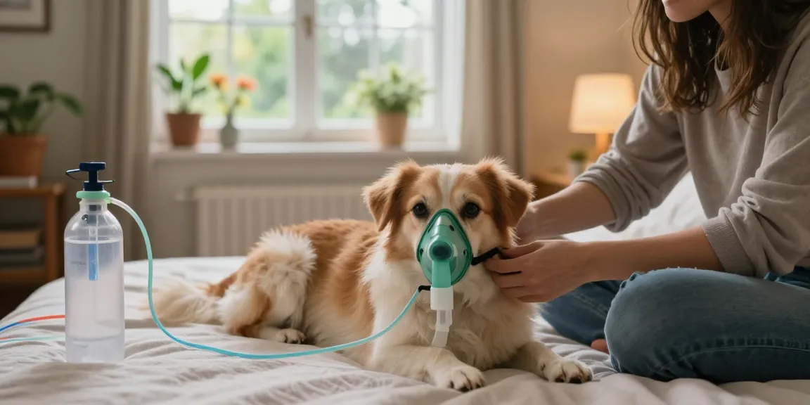 寵物氧氣機租借 in action, dog receiving oxygen therapy in a cozy home setting.
