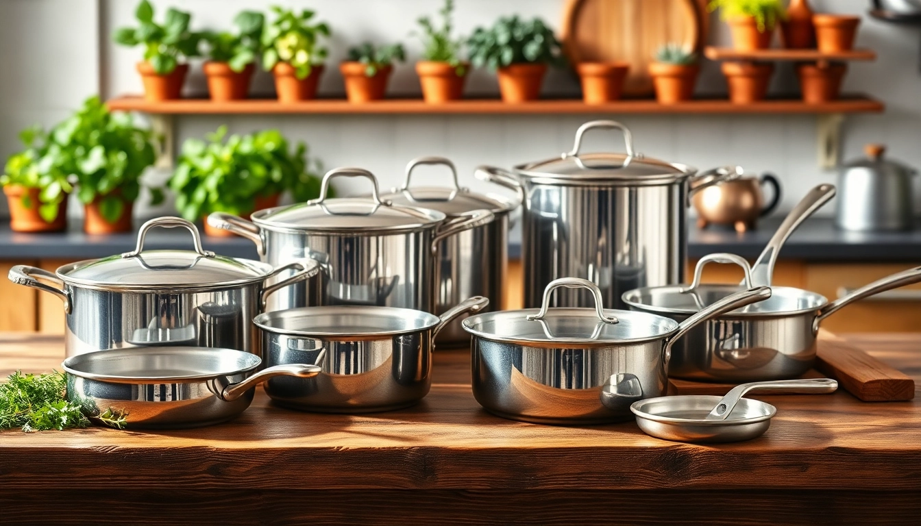 Showcasing cookware collection featuring high-quality pots and pans on a kitchen table.
