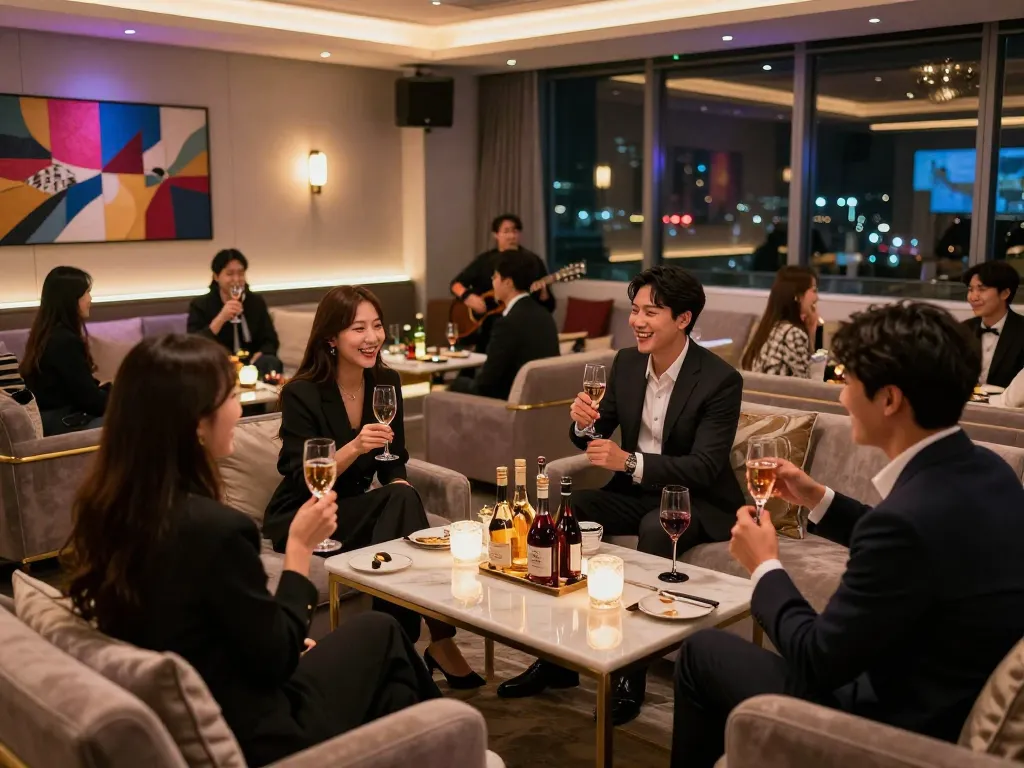 Experience the luxurious ambiance of 강남쩜오, a premier Korean entertainment venue with elegant decor and lively celebrations.