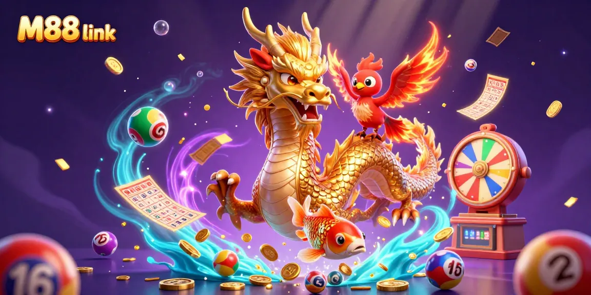 Experience the excitement of M88 link with a dynamic 3D casino illustration showcasing vibrant gaming elements.