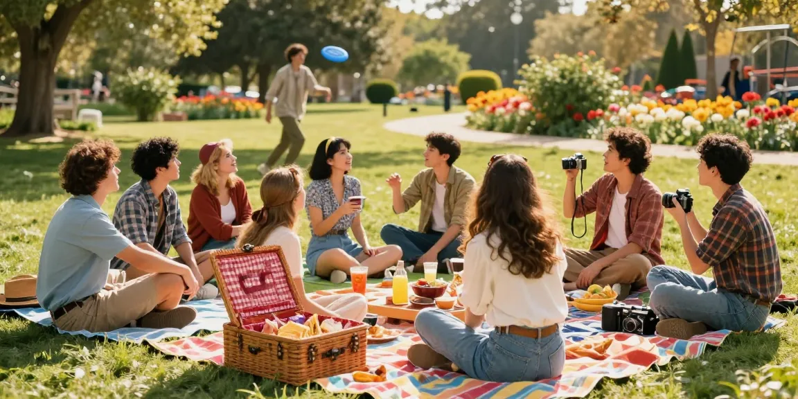 Gathering of friends at a vintage park enjoying snacks and sunlight, featuring rokok88 lifestyle elements.
