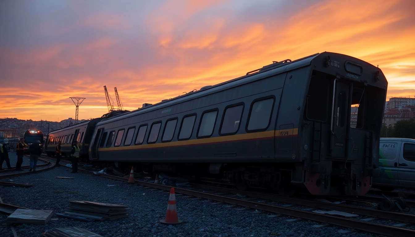 Spain train crash aftermath showing derailed train with emergency responders at the scene.