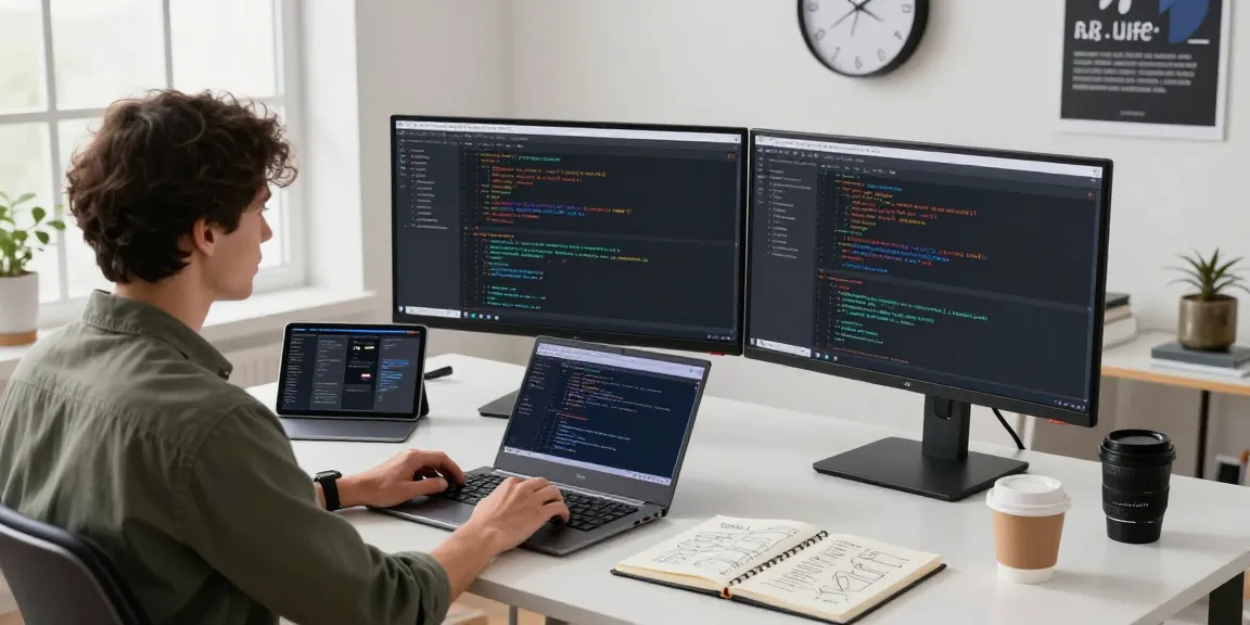 Focused programmer working on code for 纸飞机中文版 in a modern tech workspace with dual monitors and creative elements.