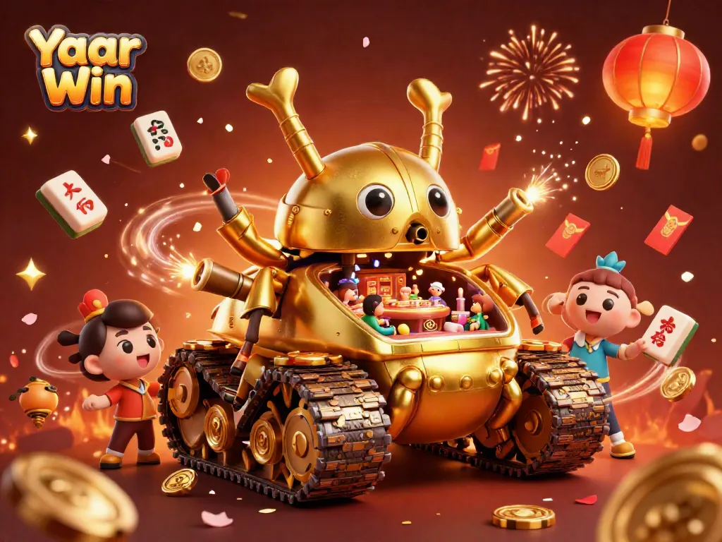 Yaar Win showcases festive gameplay with a golden beetle tank revealing a miniature casino.