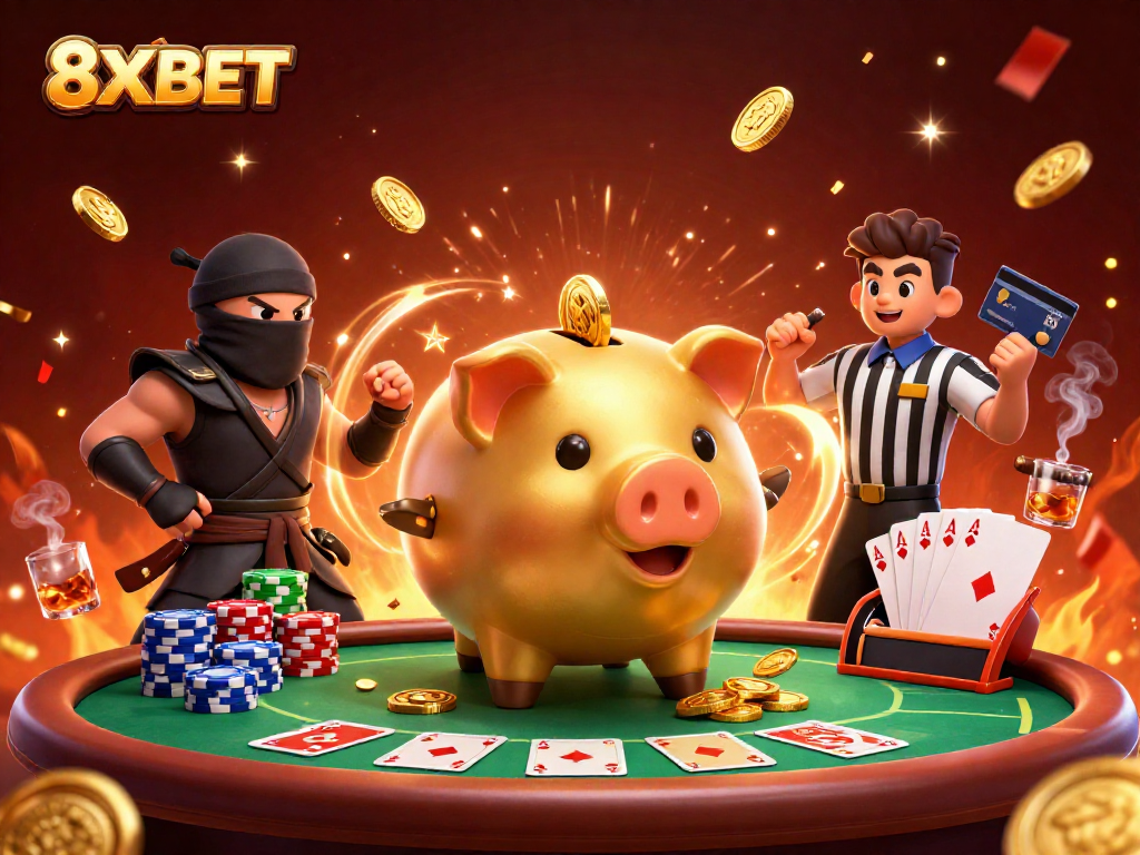 Engage with 8XBET's lively casino atmosphere featuring dynamic characters and colorful elements.