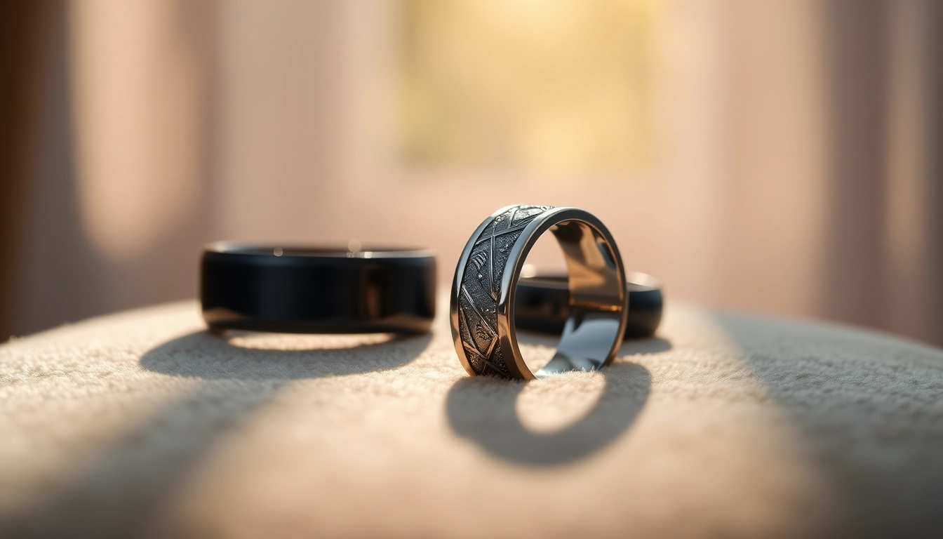 Showcase of unique wedding bands for men, highlighting intricate designs and textures.