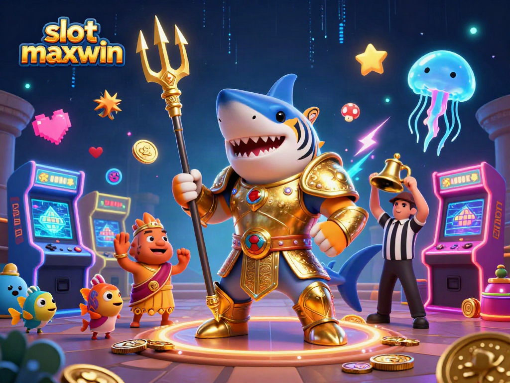Engage with the slot maxwin experience featuring vibrant slot elements and cartoon shark warriors in an underwater colosseum.
