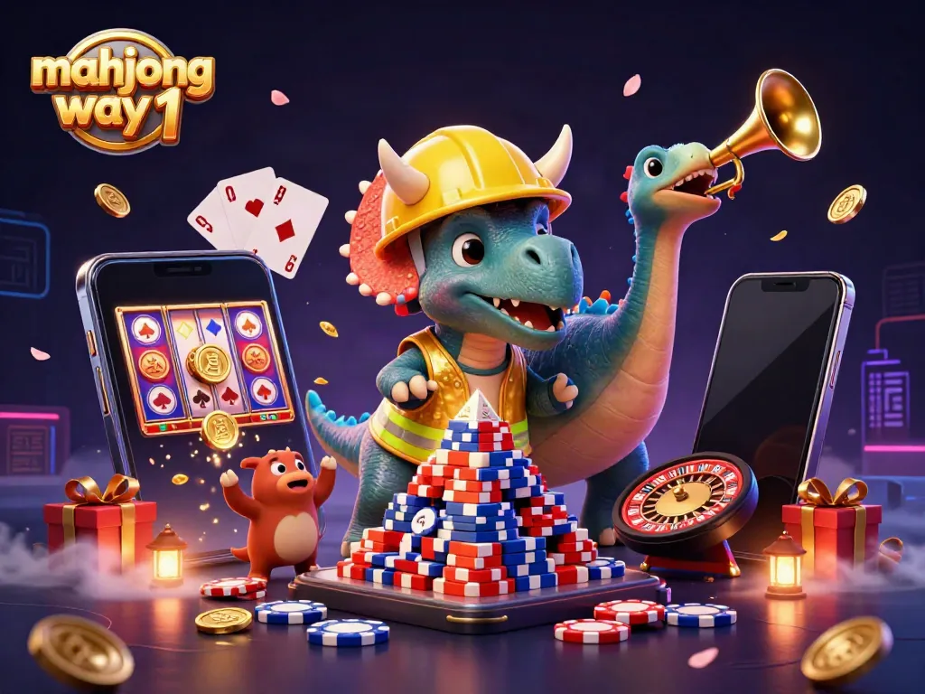 Experience the excitement of mahjong way 1 with casino characters celebrating around a smartphone showing a vibrant slot game.