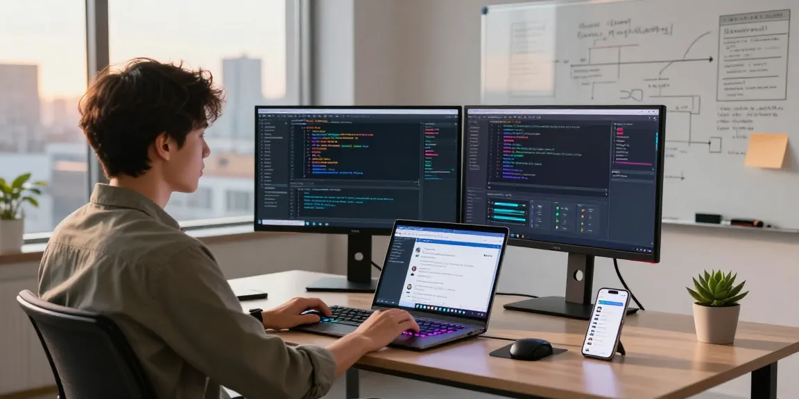 Kobold AI development workspace showcasing a developer at dual monitors creating intelligent chatbots.