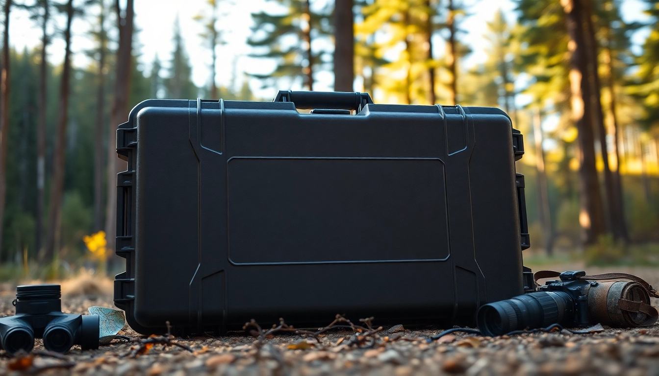 Showcasing a pelican rifle case in a lush outdoor setting with rugged details.