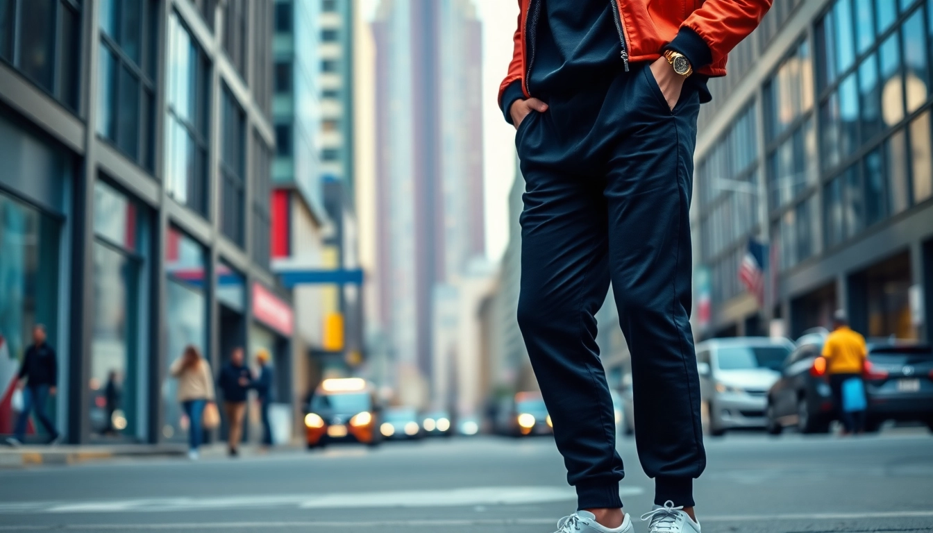 Model showcasing black sweatpants in a vibrant urban environment.