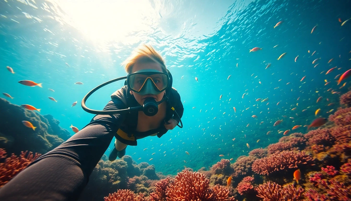 Tauchen im bunten Korallenriff mit einem Taucher und lebhaften Fischen im Hintergrund.