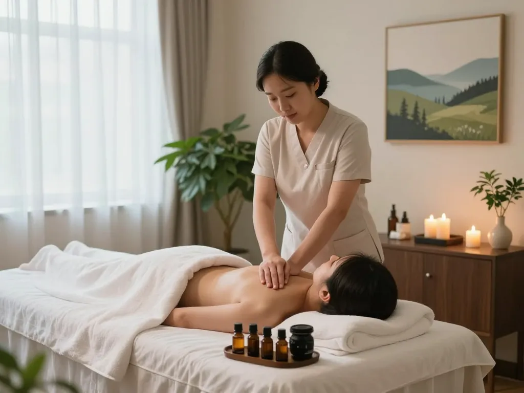 편안한 캔들과 식물이 있는 관악스웨디시 마사지 치료를 보여주는 휴식 치료실.